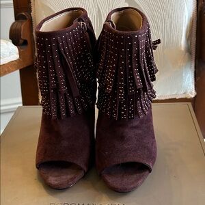 BCBGMaxAzria Plum Fringed Peep-Toe Booties